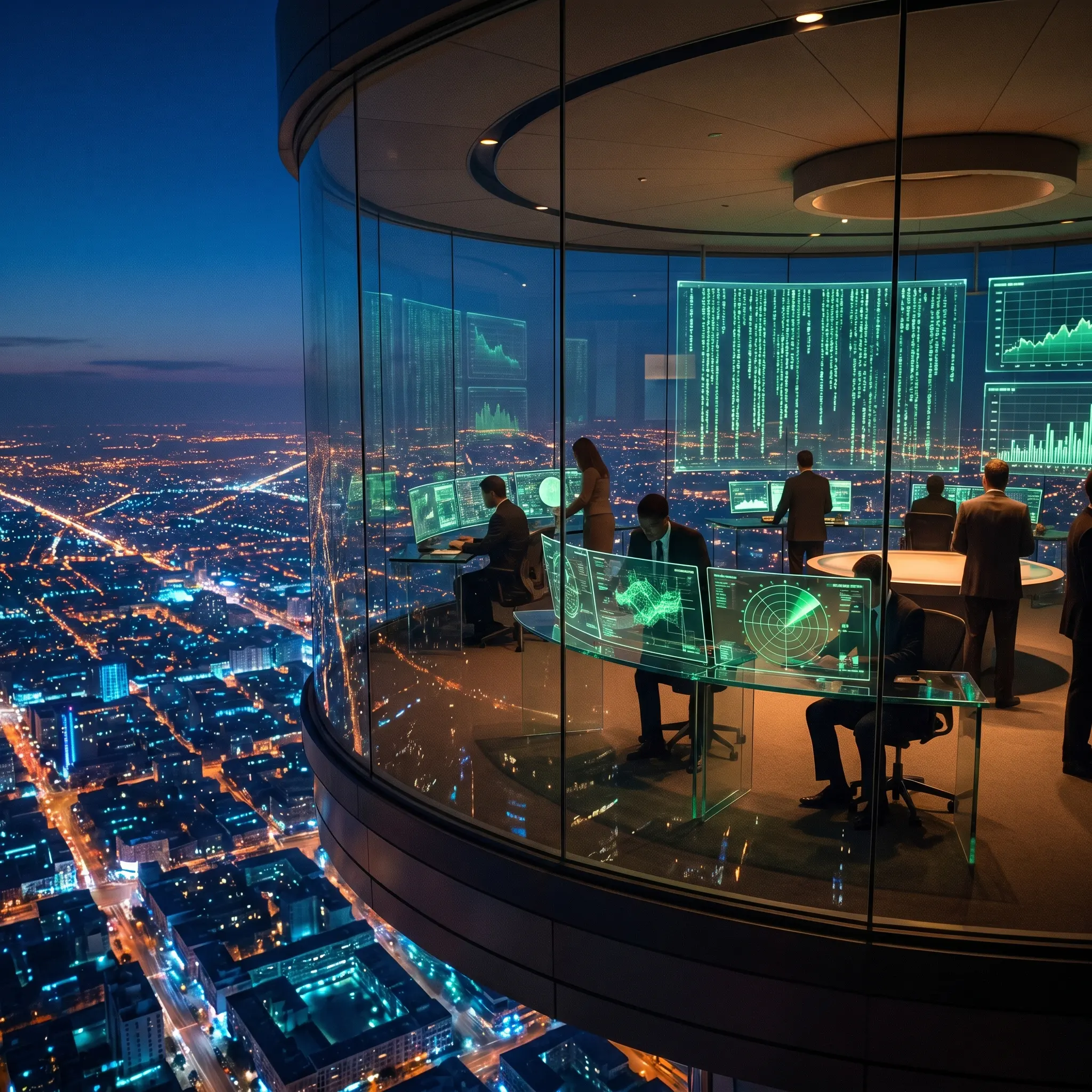 High-altitude executive publishing observatory above a luminous matrix grid