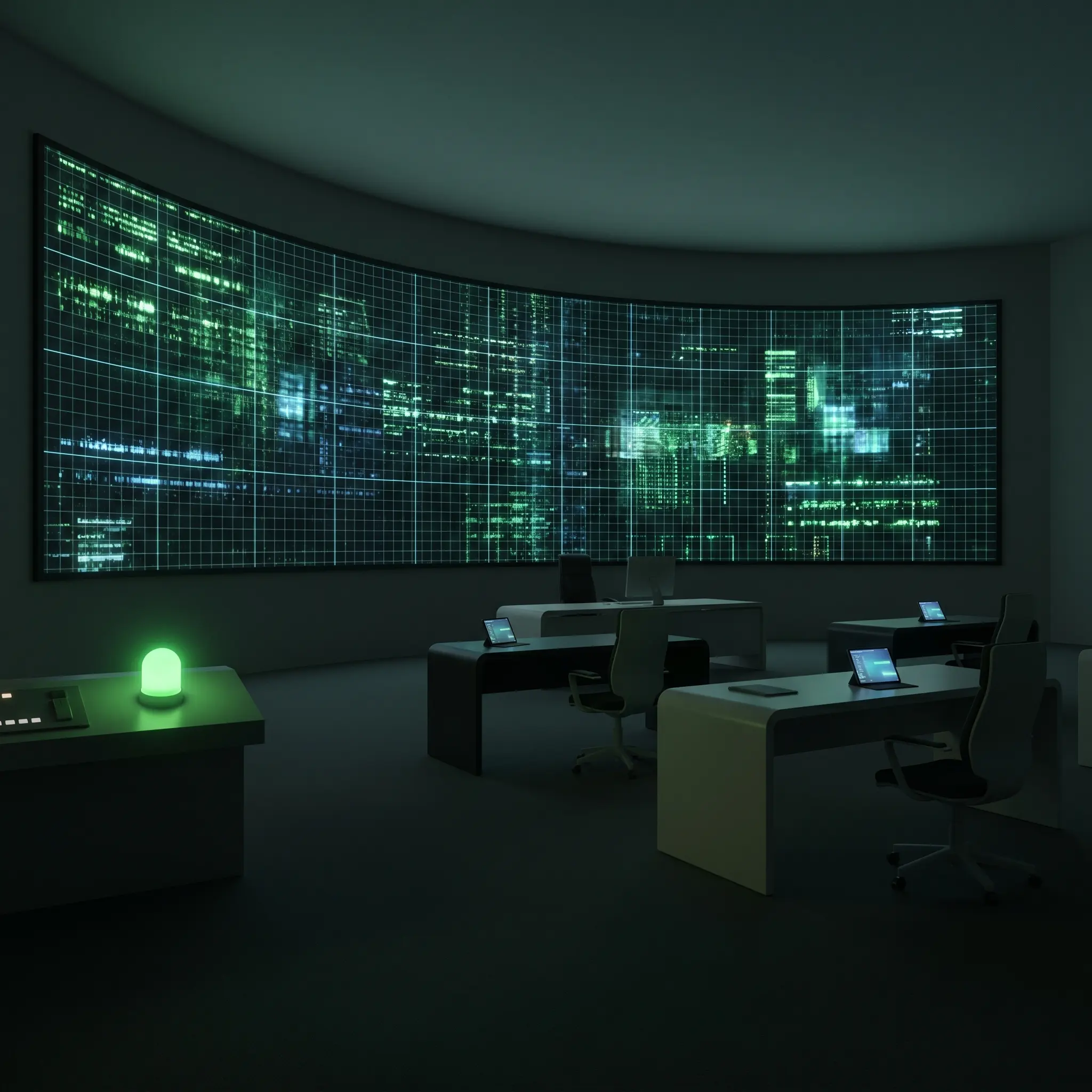 Quiet executive radar room with a matrix observatory display